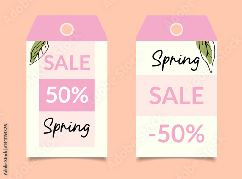 Spring sale seasonal offer tag layouts with a place for text and hand-drawn leaves, vector illustration. Design of price tags, tags for discounts and special prices, ready-made layout.