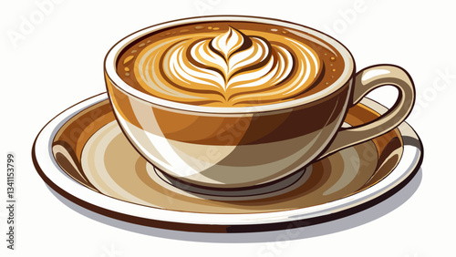 cup of cappuccino with beautiful latte art served in a white cup and saucer, cut out White background