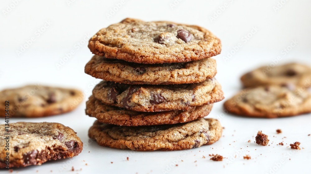Stack of chocolate chip cookies with crumbs scattered around, evoking a sense of homemade comfort on a pristine white backdrop Stack of chocolate chip cookies with crumbs scattered around, evoking a sense of homemade comfort on a pristine white backdrop