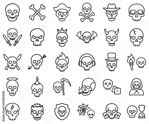 Collection of skull icons on a transparent background for Halloween and graphic design purposes