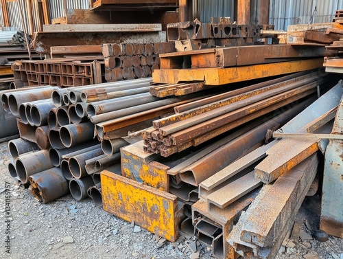 Rusty metal beams and pipes in a warehouse