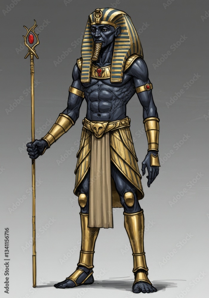 Fototapeta premium Egyptian Pharaoh Full Body - Powerful, majestic, ancient Egyptian pharaoh, regal attire, gold and black, symbolic of authority, history, and mythology
