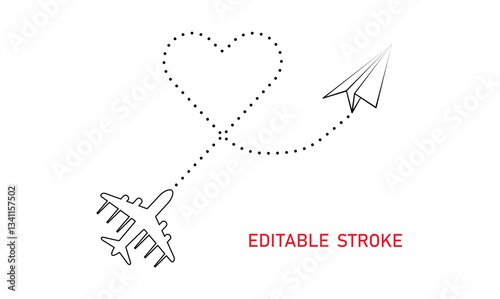 Editable heart shape route, paper plane business vector. Airplane paper plane icon with route. Transport concept illustration to use for business strategy, summer holiday, business strategy projects. 