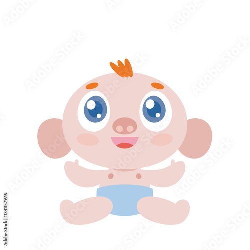 Cute smiling baby boy in diaper sitting. Vector cartoon illustration isolated on white.