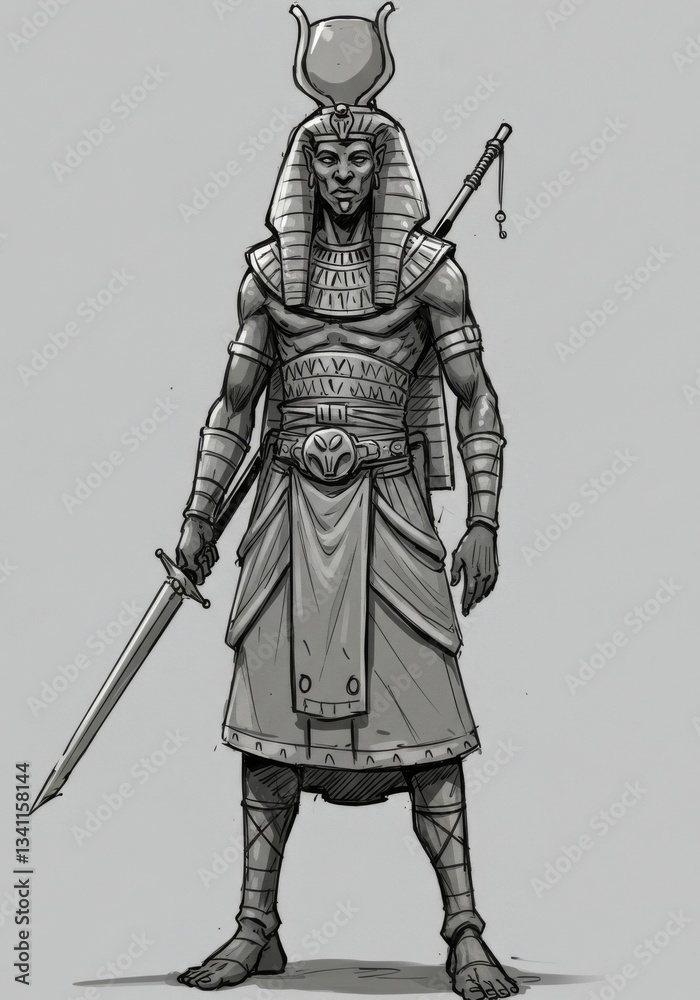 Fototapeta premium Khonsu the Moon God Full Body Illustration - A grayscale illustration depicting Khonsu, the ancient Egyptian moon god, in full regalia. He holds a sword