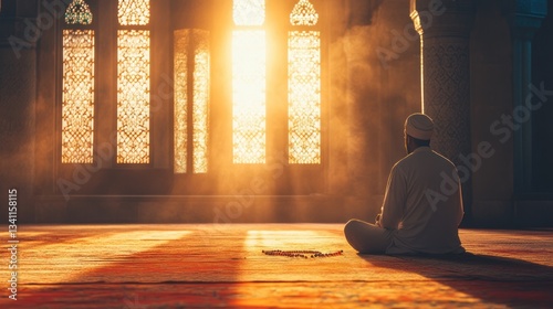 Serene contemplation: A man in quiet prayer amid the golden light of a mosque