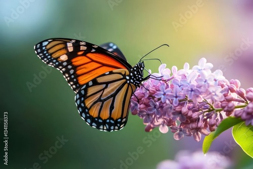 Monarch butterfly on lilac flower, garden, sunset