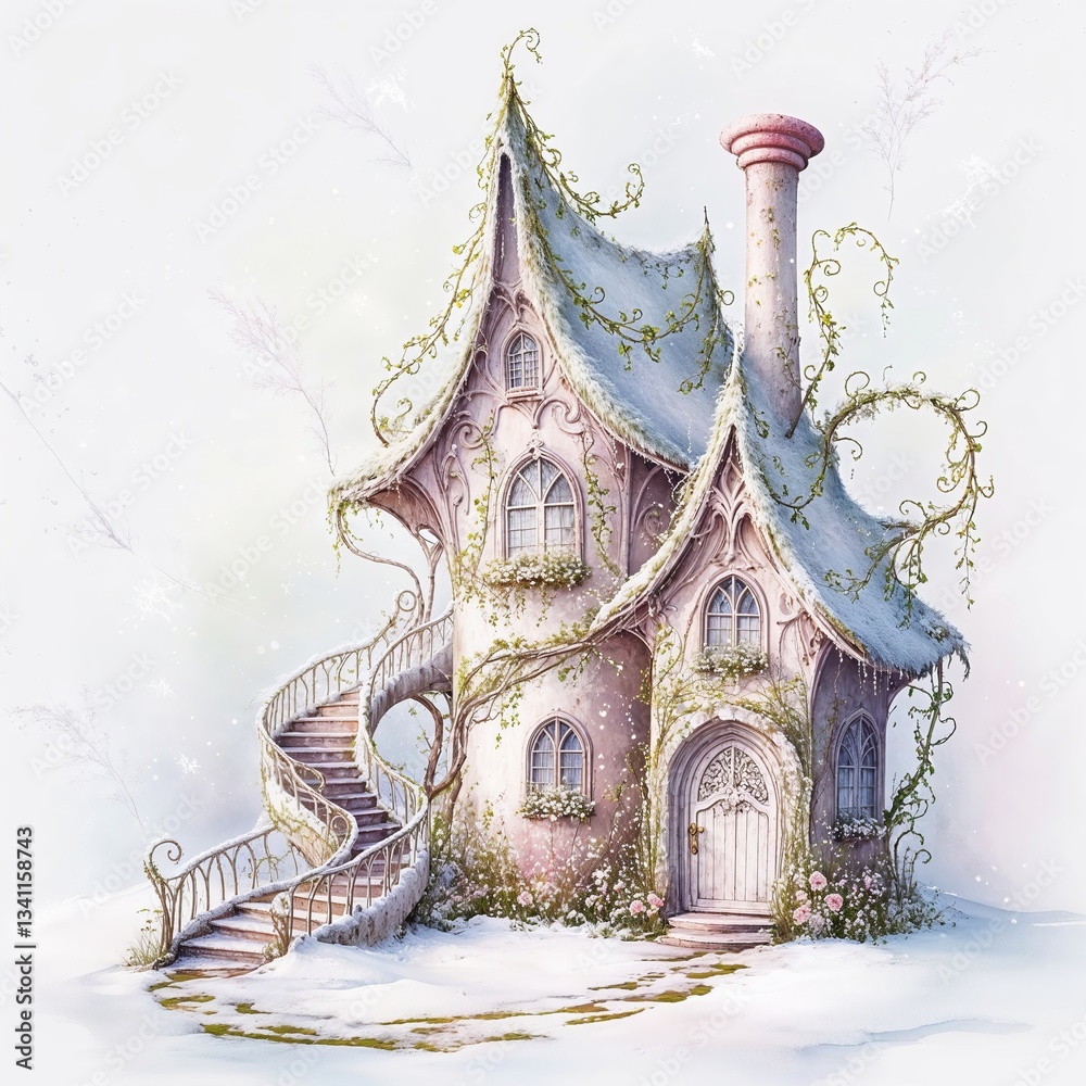 Obraz premium Enchanted Winter Fairy Tale Cottage – Whimsical Snowy Fantasy Home
