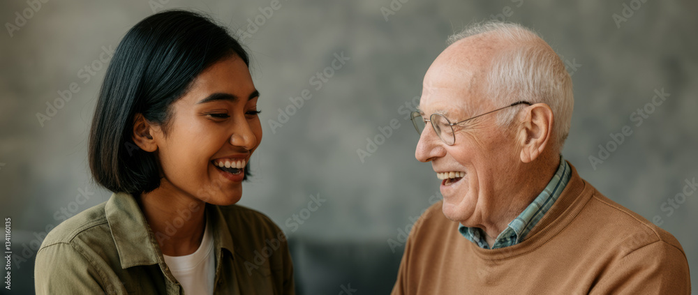 Fototapeta premium Joyful interaction between young asian female and elderly caucasian male
