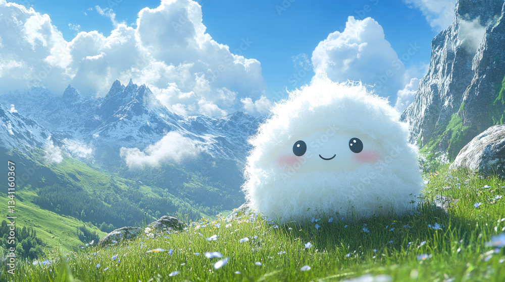 Fluffy creature enjoying a sunny day in a lush mountain landscape with soft clouds overhead