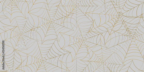 Elegant golden spider web seamless pattern on white background. Luxury Halloween abstract design for wallpapers, fabrics, wrapping paper, and digital art