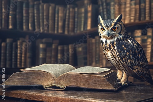 Wallpaper Mural Owl perched on an open book in a dimly lit library, surrounded by towering bookshelves, creates a magical and enchanting atmosphere filled with mystery and wisdom Torontodigital.ca