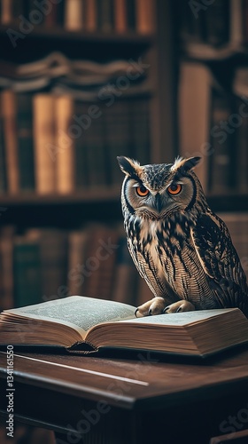 Wallpaper Mural Owl perched on an open book in a dimly lit library, surrounded by towering bookshelves, creates a magical and enchanting atmosphere filled with mystery and wisdom Torontodigital.ca