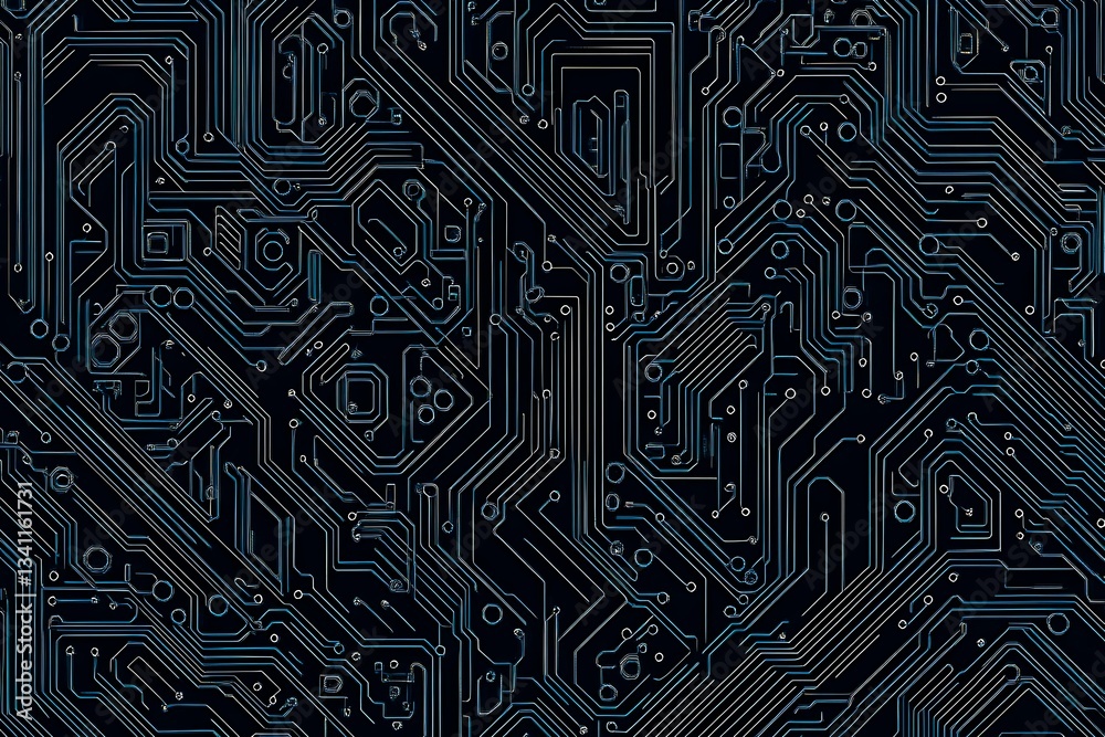 Abstract close-up of a glowing blue digital circuit board, showcasing intricate connections and technological design on a black background.