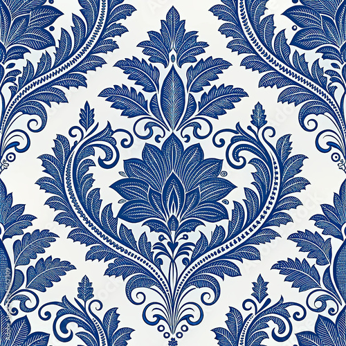 Cobalt blue damask with bold architectural shapes seamless pattern