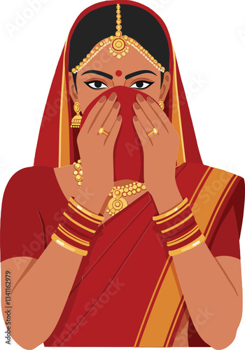 Elegant Indian woman in traditional red sari adorned with jewelry in flat vector art style, showcasing cultural beauty and grace in a vibrant portrayal
