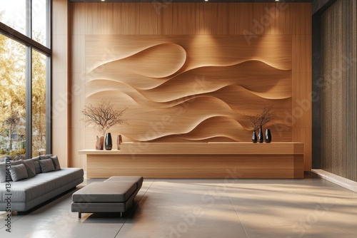 Modern Lobby Wooden Wave Wall Reception Area Design