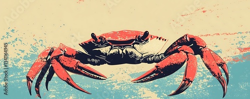 Minimalist crab artwork, half-tone color fill, subtle humor
