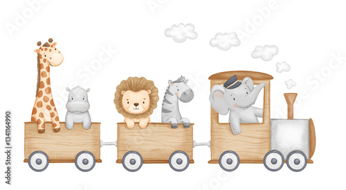 Cute train with african animals on isolated background. Zebra, elephant and giraffe, cartoon illustration in neutral colors for kids