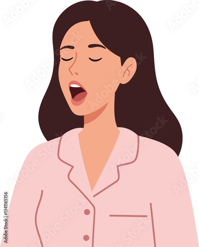 Woman yawning in a pink pajama top with long dark hair in a minimal style vector illustration