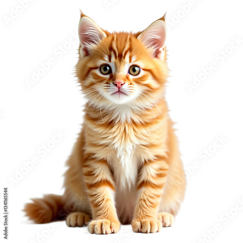 Adorable fluffy ginger kitten isolated on transparent background. Cute animal portrait for pet adoption, veterinary, children's content, greeting cards, innocent designs.