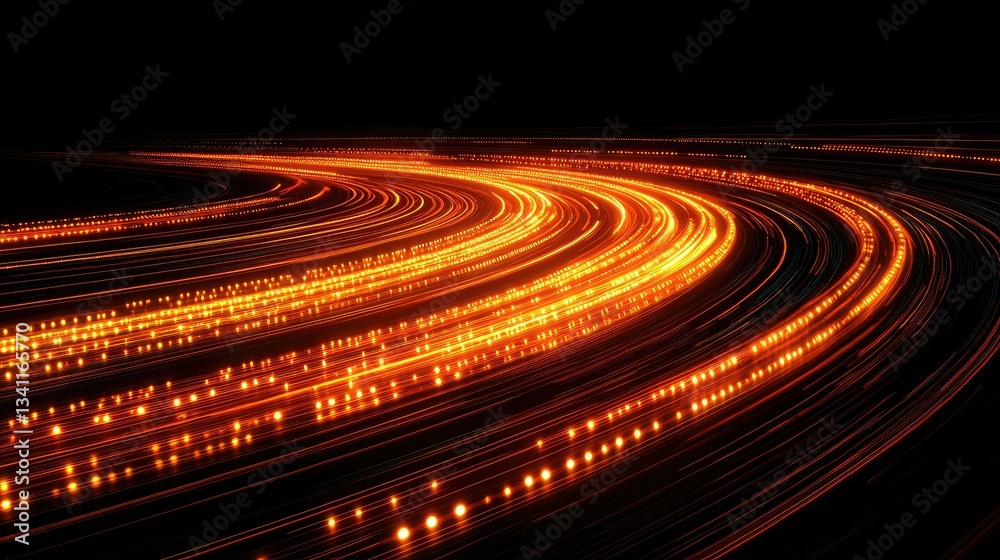Fototapeta premium Glowing orange light trails curve across a dark background