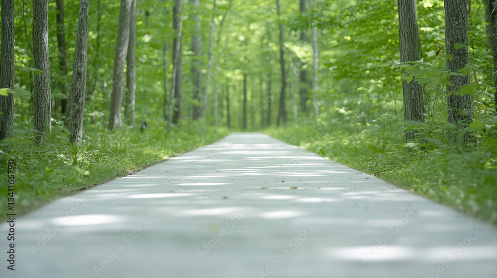Naklejka premium A green forest trail passing through dense foliage. The sunlit path symbolizes journey, tranquility, and connection with nature.