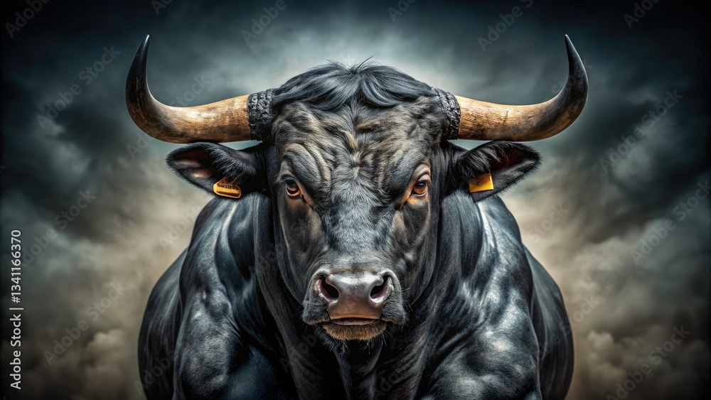 Naklejka premium Imposing, muscled bull; aggressive stare, fierce power. Stock photo perfect for strength imagery.