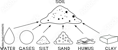 Coloring page with soil components: humus, clay, sand, water, air, silt