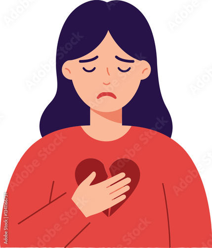 A woman with dark hair expressing sadness while holding her heart in a minimal flat vector illustration, conveying deep emotion and introspection in a simple design style vector art