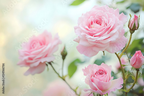 Delicate pink roses blooming in a soft-focus garden with pastel background