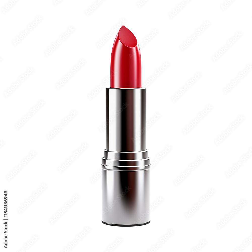 A Single Tube of Red Lipstick with Silver Casing on White Background A Single Tube of Red Lipstick with Silver Casing on White Background
