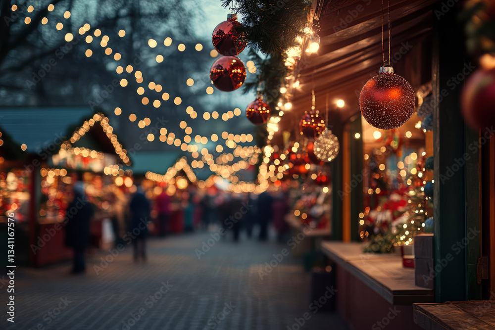 Fototapeta premium Festive Christmas market with glowing lights and holiday decorations creating a warm, magical atmosphere