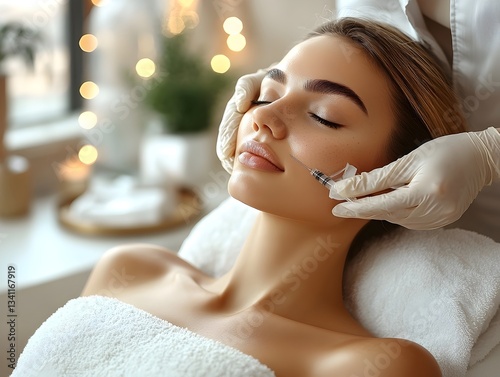 young woman receiving an anti-wrinkle injection at a luxurious beauty salon. the beautician administers the treatment with precision in a calming, spa-like atmosphere.
