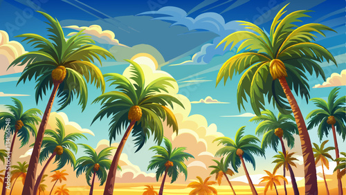 Schilderij op canvas bright, cloudless sky frames a row of lush palm trees, their fronds rustling sof