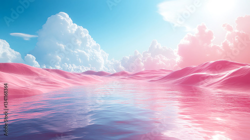 Serene landscape with pink hills and reflective water under a blue sky with clouds