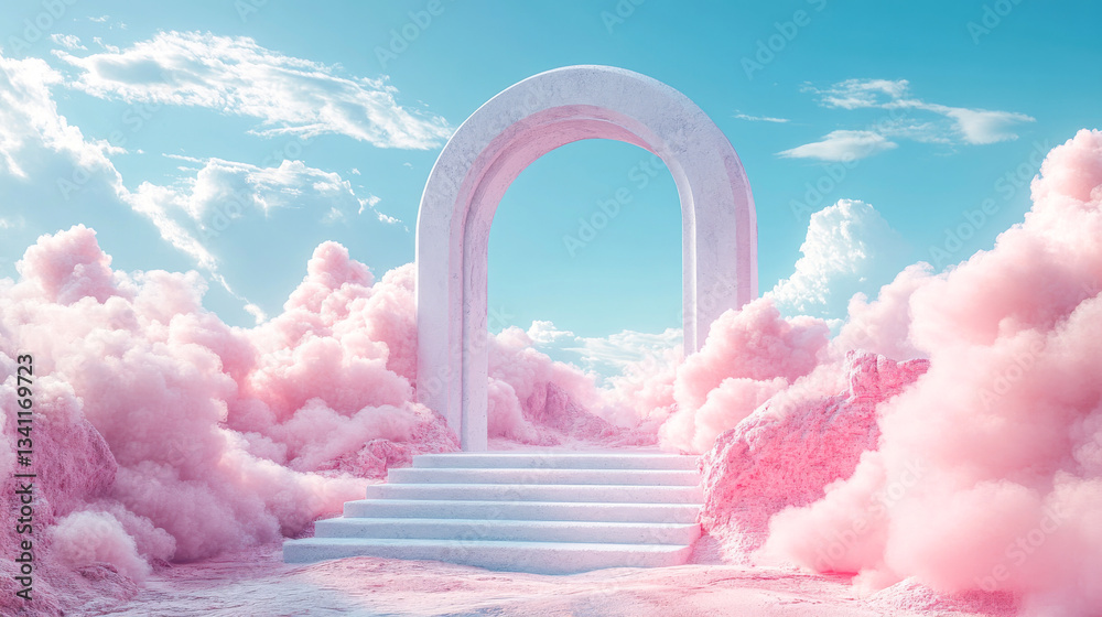 Dreamy archway in a pink cloud landscape during daytime with a blue sky