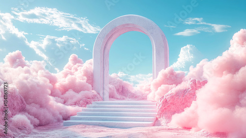 Obraz na płótnie Dreamy archway in a pink cloud landscape during daytime with a blue sky w salonie