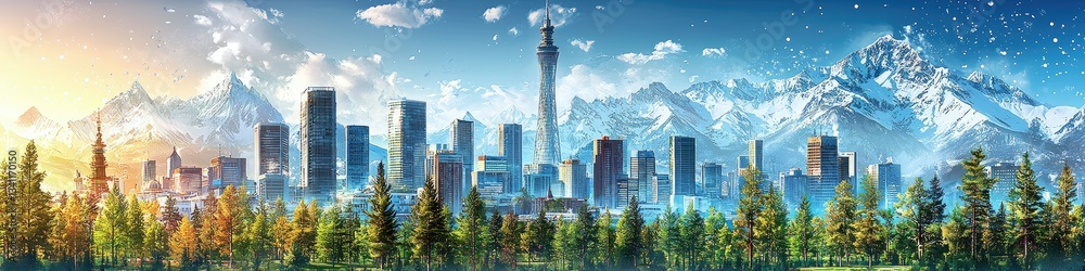 Obraz premium Beautiful panoramic view depicting a city near snowy mountain ranges
