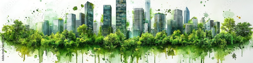 Obraz premium Modern skyscrapers integrated with trees and lush green vegetation gracefully