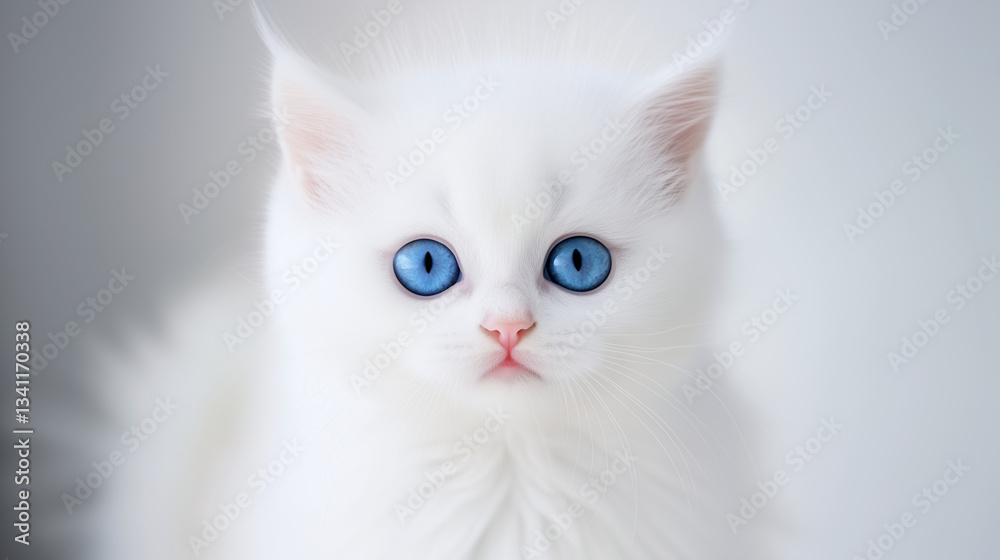 A cute fluffy white kitten with expressive blue eyes poses on a light background. His fur is fluffy and neat, and his eyes fascinate with its purity.
