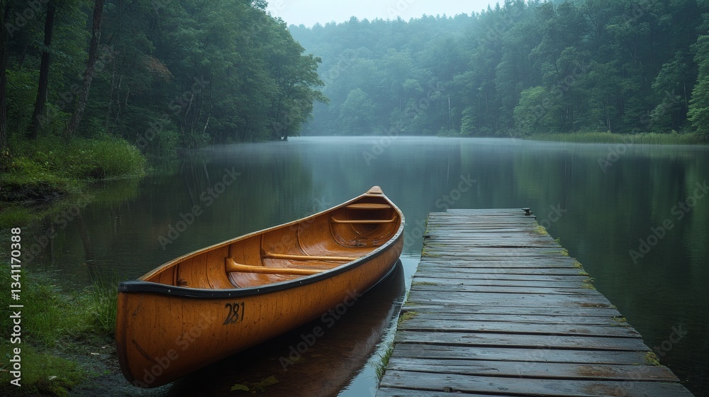 Obraz premium A peaceful lake surrounded by lush greenery, with a wooden dock extending into the calm water and a canoe tied nearby