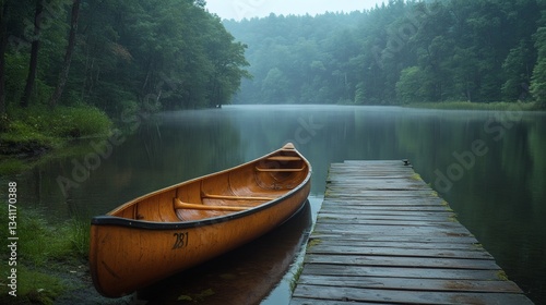 A peaceful lake surrounded by lush greenery, with a wooden dock extending into the calm water and a canoe tied nearby 