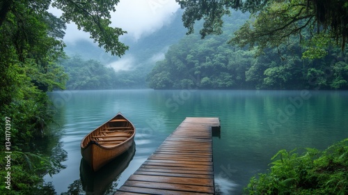 A peaceful lake surrounded by lush greenery, with a wooden dock extending into the calm water and a canoe tied nearby 