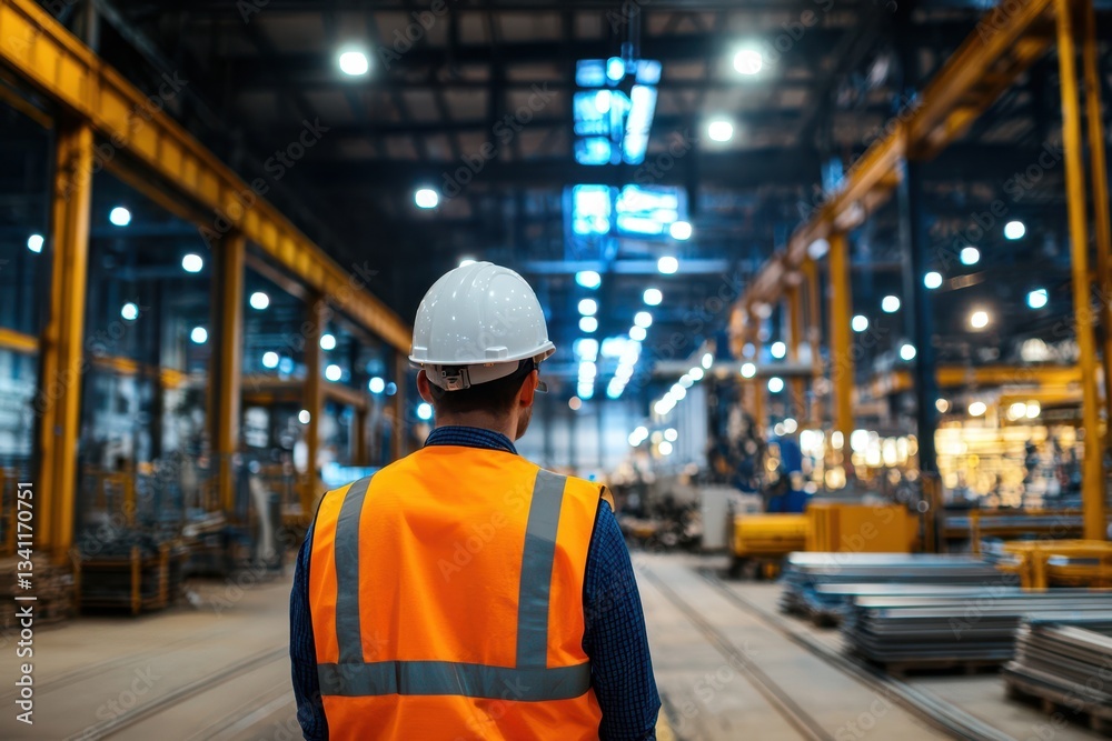 Supervisor in Safety Vest Observing Operations in Factory Environment Supervisor in Safety Vest Observing Operations in Factory Environment
