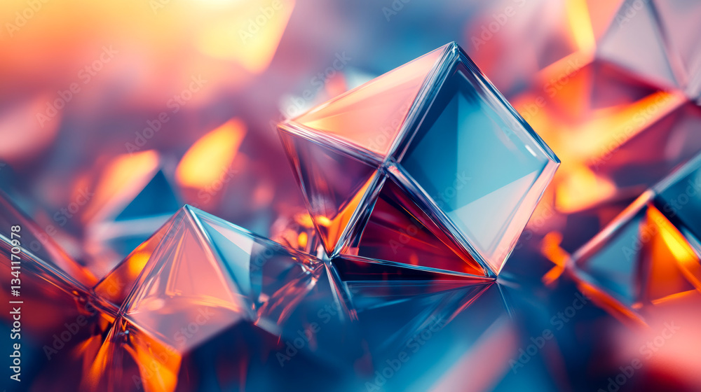 Colorful geometric shapes create a mesmerizing visual display with reflections and light effects