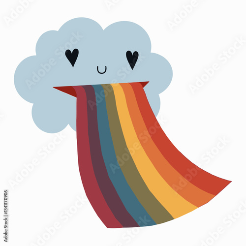 Whimsical Rainbow: A cheerful cloud, eyes filled with love, "vomiting" a vibrant rainbow, symbolizing joy, and positivity, this image radiates happiness.