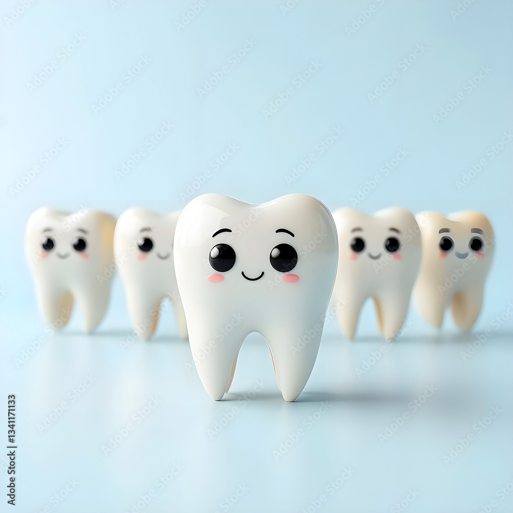 Cute Cartoon Teeth Smiling on Light Blue Background. Digital Art Illustration of Happy and Healthy Teeth Promoting Oral Hygiene and Dental Care Cute Cartoon Teeth Smiling on Light Blue Background. Digital Art Illustration of Happy and Healthy Teeth Promoting Oral Hygiene and Dental Care