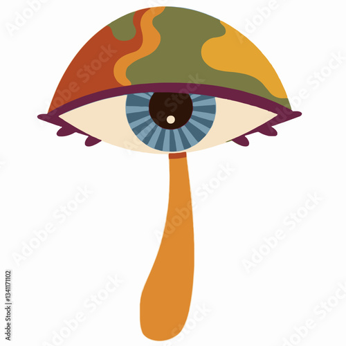 Mystical Mushroom Eye: A whimsical, psychedelic illustration of a mushroom with a watchful eye, blending surreal elements with vibrant colors and captivating details.