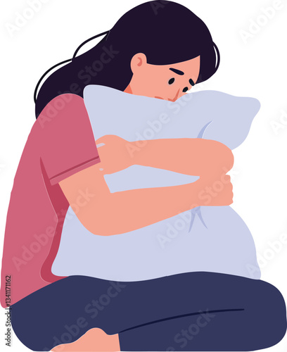 Woman sitting on the floor hugging a soft pillow in a minimal, flat design vector illustration reflecting comfort and introspection